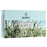 Box of Morny White Heather Fine English Soap, 3.5oz x 3, a luxury soap with a blooming heather scent and elegant packaging featuring English and French product details.